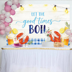 Lofaris Let the Good Times Boil Seafood Boil Backdrop with Lobsters and Corn, Summer Party Photography featuring Beer and String Lights