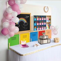 Lofaris Colorful Classroom Photography Backdrop with Rainbow Chalkboard, Vibrant School Locker Background for Kids Photoshoot