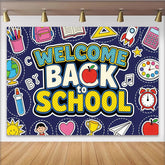 Lofaris Colorful Welcome Back to School Backdrop with Cartoon Supplies, Vibrant Classroom Photo Background for First Day of School Party