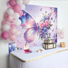 Lofaris Dreamy Iridescent Butterfly Floral Photography Backdrop, Whimsical Pastel Garden Photo Background for Girls Birthday Party, Studio