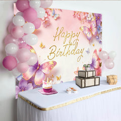 Lofaris Pink Purple Butterfly Floral Happy Birthday Backdrop with Glitter, Elegant Party Background for Girls Photoshoots and Decor