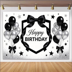 Lofaris Black and Silver Happy Birthday Backdrop with Balloons, Elegant Party Background Decor for Photoshoot