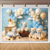 Lofaris Dreamy Blue Teddy Bear Hot Air Balloon Baby Shower Backdrop for Boy, Soft Clouds and Stars Photography Background