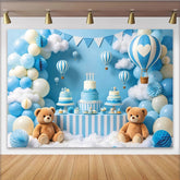 Lofaris Blue Teddy Bear Hot Air Balloon Baby Shower Backdrop with Clouds and Balloons, Dreamy Photography Background for Boy Party Decor