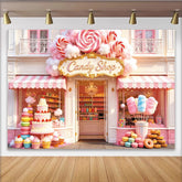 Lofaris Pink Candy Shop Birthday Backdrop with Sweet Treats and Lollipops, Whimsical Dessert Store Background for Girls Party Decoration