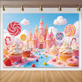 Lofaris Pink Candy Land Castle Birthday Backdrop with Lollipops and Cupcakes, Sweet Wonderland Photography Background for Kids Party Decor