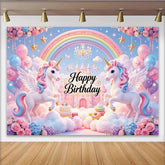 Lofaris Pastel Winged Unicorn Happy Birthday Backdrop with Rainbow and Castle, Dreamy Clouds and Balloons Photo Background for Girls Party