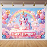 Lofaris Pastel Rainbow Unicorn Birthday Backdrop with Balloons and Cake, Magical Fantasy Photo Background for Girls Party Decoration