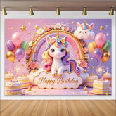 Lofaris Cute Cartoon Unicorn Rainbow Birthday Backdrop for Girls, Pastel Flowers and Balloons Party Background for Kids Celebration