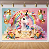 Lofaris Cute Unicorn Rainbow Birthday Backdrop with Pastel Balloons and Flowers, Magical Happy Birthday Party Background for Girls Photo Decor