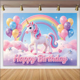 Lofaris Pastel Rainbow Unicorn Birthday Backdrop with Balloons and Clouds, Dreamy Happy Birthday Party Background for Girls Photoshoot