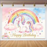 Lofaris Unicorn Rainbow Birthday Backdrop for Girls, Magical Happy Birthday Party Background with Stars and Clouds