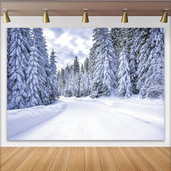 Lofaris Snowy Winter Forest Photography Backdrop with Pine Trees and Winding Road, Natural Landscape Background for Holiday Photoshoot