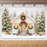 Lofaris Snowy Christmas Winter House Backdrop with Pine Trees and Wreaths, Festive Holiday Background for Winter Photography and Party