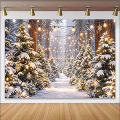 Lofaris Snowy Winter Forest Christmas Backdrop with String Lights, Festive Photography Background for Holiday Party Decoration