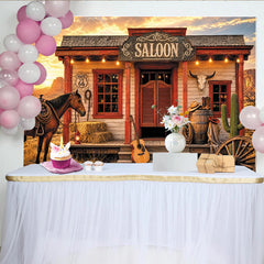 Lofaris Rustic Western Photography Backdrop with Saloon and Horse, Desert Sunset Cowboy Background for Studio Photoshoot.