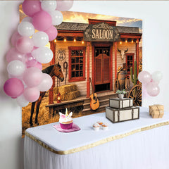 Lofaris Rustic Western Photography Backdrop with Saloon and Horse, Desert Sunset Cowboy Background for Studio Photoshoot.