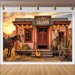 Lofaris Rustic Western Photography Backdrop with Saloon and Horse, Desert Sunset Cowboy Background for Studio Photoshoot.