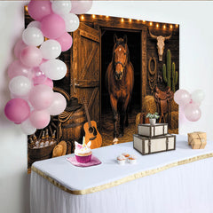 Lofaris Rustic Western Horse Photography Backdrop with Barn Door and String Lights, Cowboy Ranch Studio Background for Portrait Photoshoot