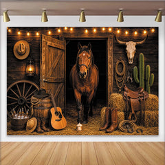 Lofaris Rustic Western Horse Photography Backdrop with Barn Door and String Lights, Cowboy Ranch Studio Background for Portrait Photoshoot