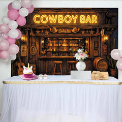 Lofaris Rustic Cowboy Bar Photography Backdrop with Neon Sign and Whiskey Barrels, Vintage Western Saloon Background for Photo Booth Prop