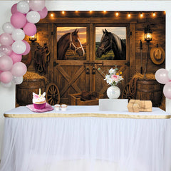 Lofaris Rustic Barn Horse Photography Backdrop with String Lights, Western Farmhouse Studio Background for Photo Booth Props