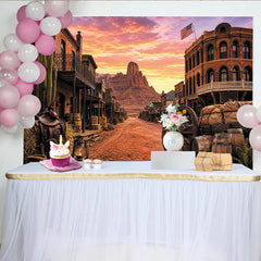 Lofaris Old Western Town Photography Backdrop with Desert Mountains and Sunset Sky, Rustic Cowboy Theme Studio Background for Photo Booth Props