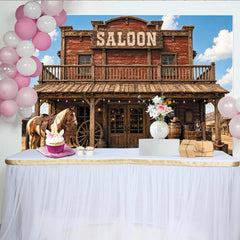Lofaris Rustic Western Saloon Photography Backdrop with Horse and Cowboy Boots, Vintage Wood Background for Themed Photoshoot