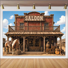 Lofaris Rustic Western Saloon Photography Backdrop with Horse and Cowboy Boots, Vintage Wood Background for Themed Photoshoot