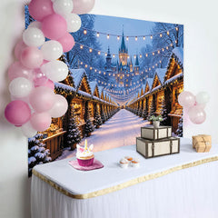 Lofaris Snowy Christmas Market Backdrop with Winter Castle and String Lights, Festive Holiday Background for Photography