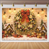 Lofaris Cozy Christmas Winter Village Backdrop with Wreath and Gifts, Snowy Houses and Lights, Ideal Holiday Photography Background