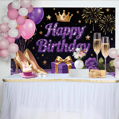 Lofaris Glitter Purple Gold Happy Birthday Backdrop with Crown and High Heels, Elegant Party Decoration for Photoshoot
