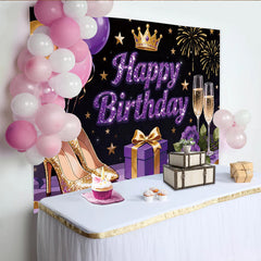Lofaris Glitter Purple Gold Happy Birthday Backdrop with Crown and High Heels, Elegant Party Decoration for Photoshoot