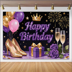Lofaris Glitter Purple Gold Happy Birthday Backdrop with Crown and High Heels, Elegant Party Decoration for Photoshoot