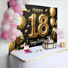 Lofaris Black and Gold 18th Birthday Backdrop with Foil Balloons and Gifts, Elegant Party Background for Photoshoot
