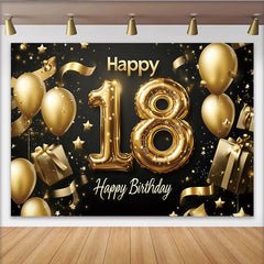 Lofaris Black and Gold 18th Birthday Backdrop with Foil Balloons and Gifts, Elegant Party Background for Photoshoot