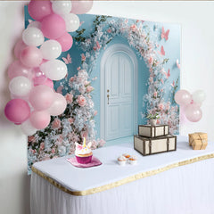 Lofaris Dreamy Pink Floral Arch Door Photography Backdrop with Butterflies, Elegant Studio Background for Romantic Photoshoot