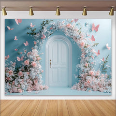 Lofaris Dreamy Pink Floral Arch Door Photography Backdrop with Butterflies, Elegant Studio Background for Romantic Photoshoot