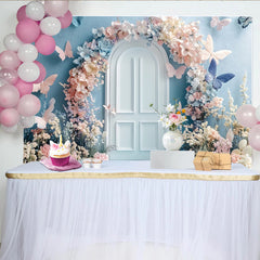 Lofaris Pastel Floral Butterfly Photography Backdrop with Arched Door, Dreamy Studio Background for Photoshoot and Party Decor