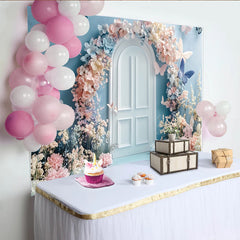 Lofaris Pastel Floral Butterfly Photography Backdrop with Arched Door, Dreamy Studio Background for Photoshoot and Party Decor