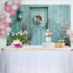 Lofaris Light Blue Wood Door Floral Photography Backdrop with Spring Tulips, Elegant Garden Background for Portrait Photoshoot and Event Decor