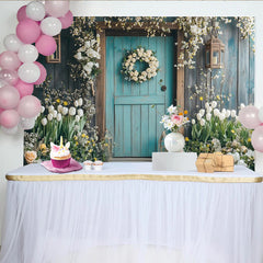 Lofaris Rustic Teal Wooden Door Spring Floral Photography Backdrop, Flower Wreath Background for Studio Photoshoot and Party Decor