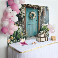 Lofaris Rustic Teal Wooden Door Spring Floral Photography Backdrop, Flower Wreath Background for Studio Photoshoot and Party Decor