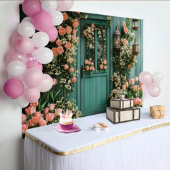 Lofaris Rustic Teal Floral Door Photography Backdrop with Pink Roses and Tulips, Elegant Garden Background for Photoshoot