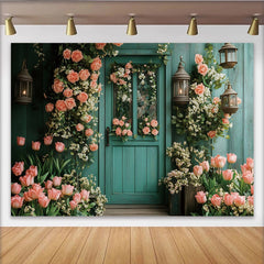 Lofaris Rustic Teal Floral Door Photography Backdrop with Pink Roses and Tulips, Elegant Garden Background for Photoshoot
