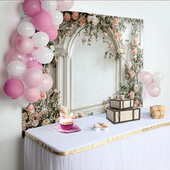 Lofaris Elegant Floral Photography Backdrop with White Arch and Pink Roses, Romantic Studio Background for Wedding or Portrait Photos