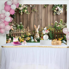 Lofaris Cute Easter Rabbit Backdrop with Colorful Eggs and Spring Flowers, Wooden Fence Background for Holiday Photography.