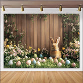 Lofaris Spring Easter Bunny Backdrop with Colorful Eggs and Wildflowers, Rustic Wood Fence Background for Holiday Photoshoot