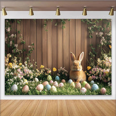 Lofaris Spring Easter Bunny Backdrop with Colorful Eggs and Wildflowers, Rustic Wood Fence Background for Holiday Photoshoot