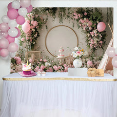 Lofaris Pink Floral Birthday Backdrop with Golden Arch and Balloons, Elegant Photo Background for Cake Smash Party Decor